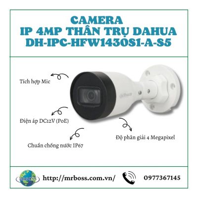 Camera IP 4MP thân trụ DAHUA DH-IPC-HFW1430S1-A-S5