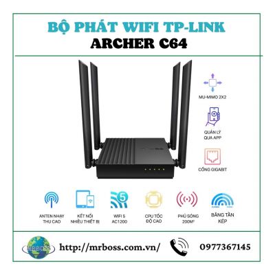 Bộ phát wifi TP-Link Archer C64 (Chuẩn AC/ 1200Mbps/ 4 Ăng-ten ngoài/ Wifi Mesh/ 25 User) 