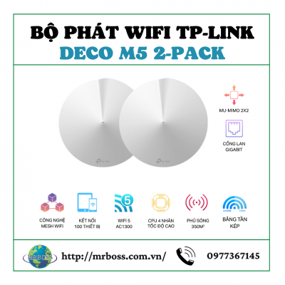 Bộ phát wifi TP-Link Deco M5 2-Pack (Chuẩn AC/ AC1300Mbps/ 4 Ăng-ten ngầm/ Wifi Mesh/ 55 User)