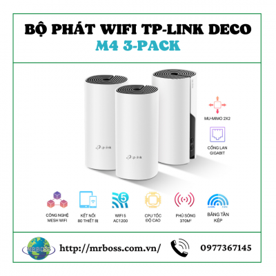  Bộ phát wifi TP-Link Deco M4 3-Pack (Chuẩn AC/ AC1200Mbps/ 2 Ăng-ten ngầm/ Wifi Mesh/ 55 User)